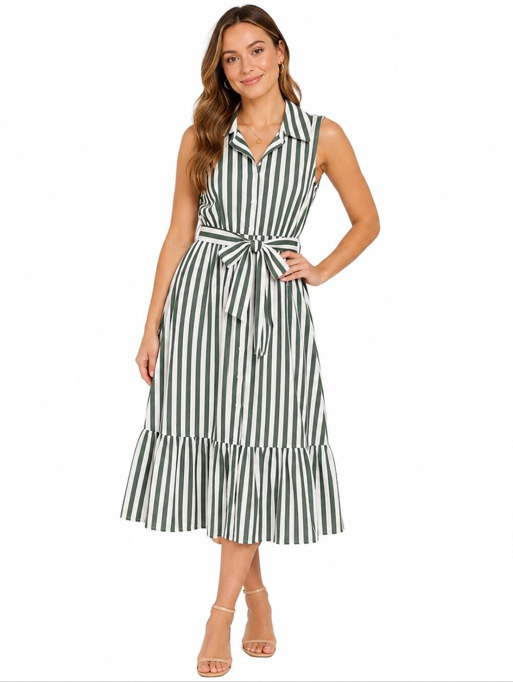 Ashley & Sage Green White Striped Midi Shirt Dress Sleeveless Belted Ruffle Smal
